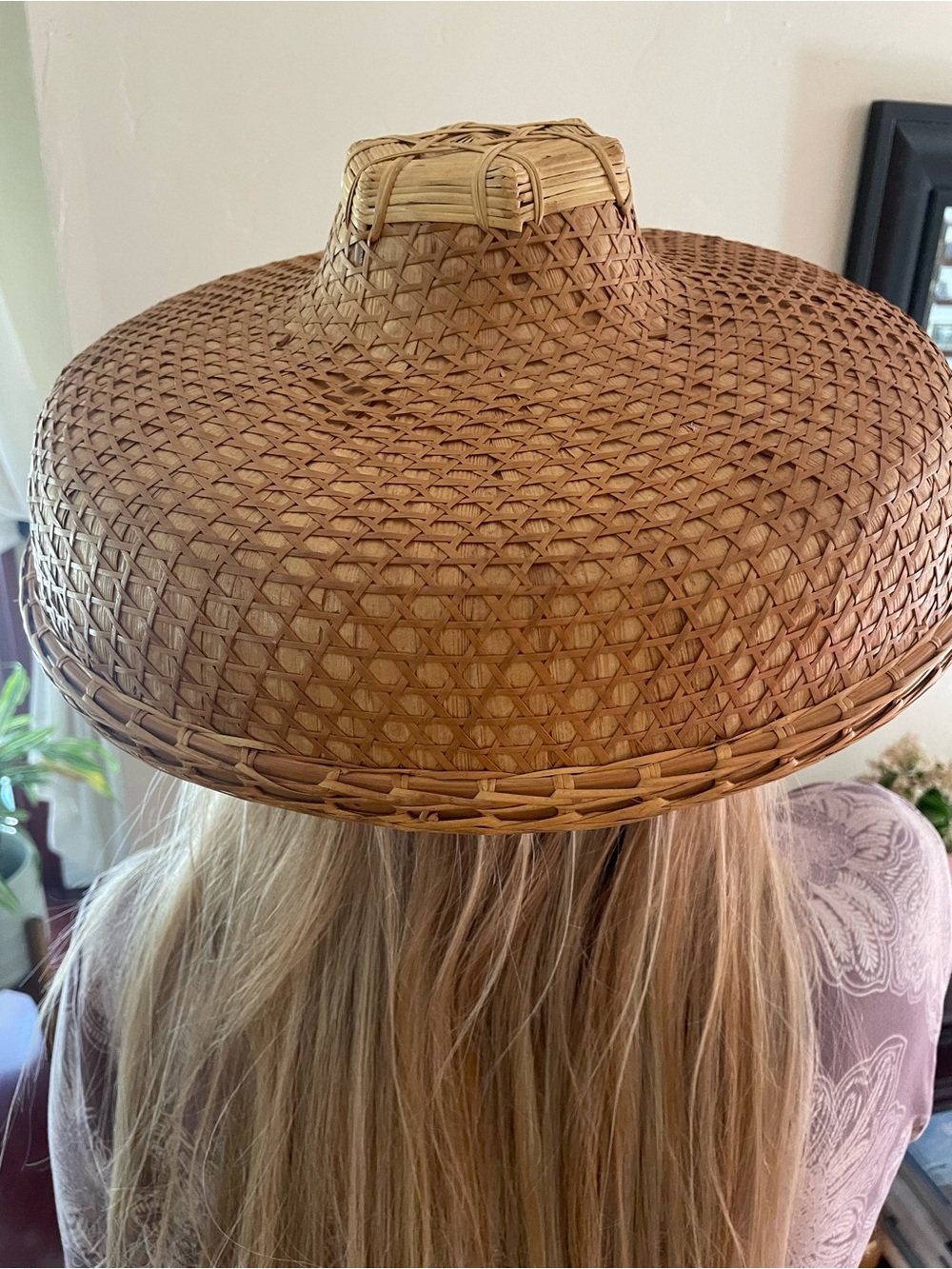 Chinese bamboo hat, style of 1950's. Original, perfect condition, 15" diameter.